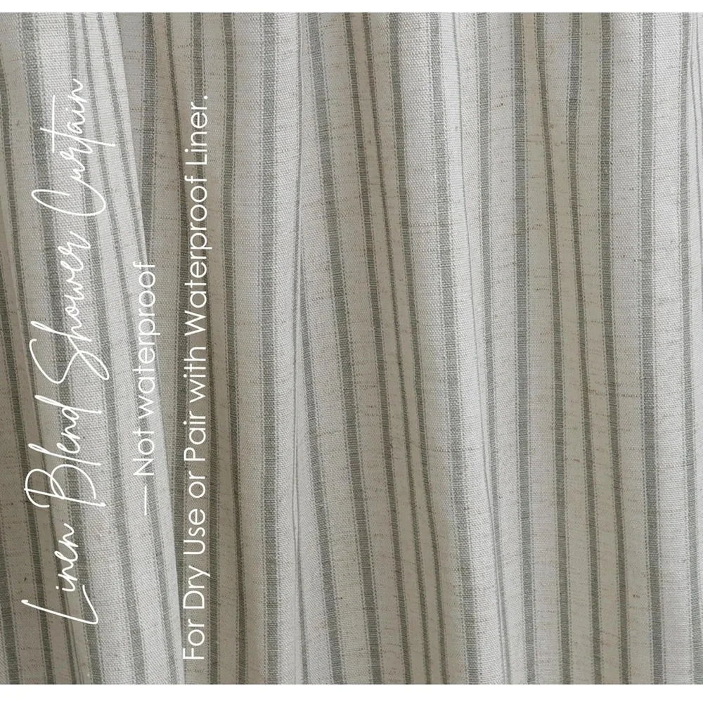 Farmhouse Striped Shower Curtain - 72x72 Inches, Linen Blend Fabric Sage Green